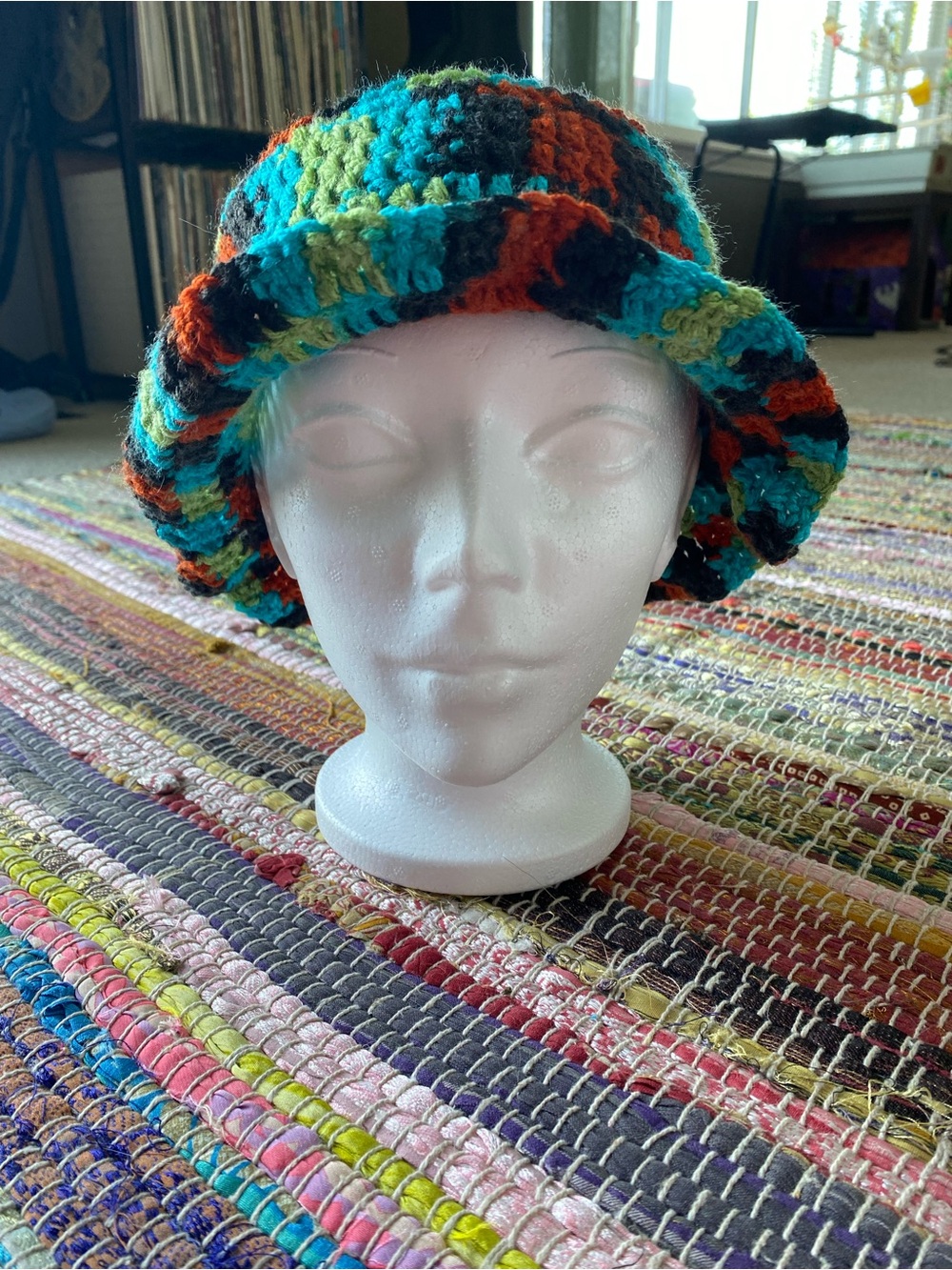 Handmade Crochet Bucket Hat Multicolour Green Black Orange Teal